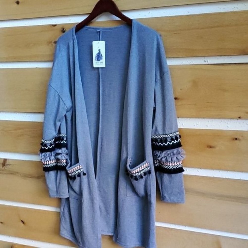 BTFBM Gray Unique Embellished Ribbon, Pompoms Sleeves & Pockets‎ Sz. L LS Jacket